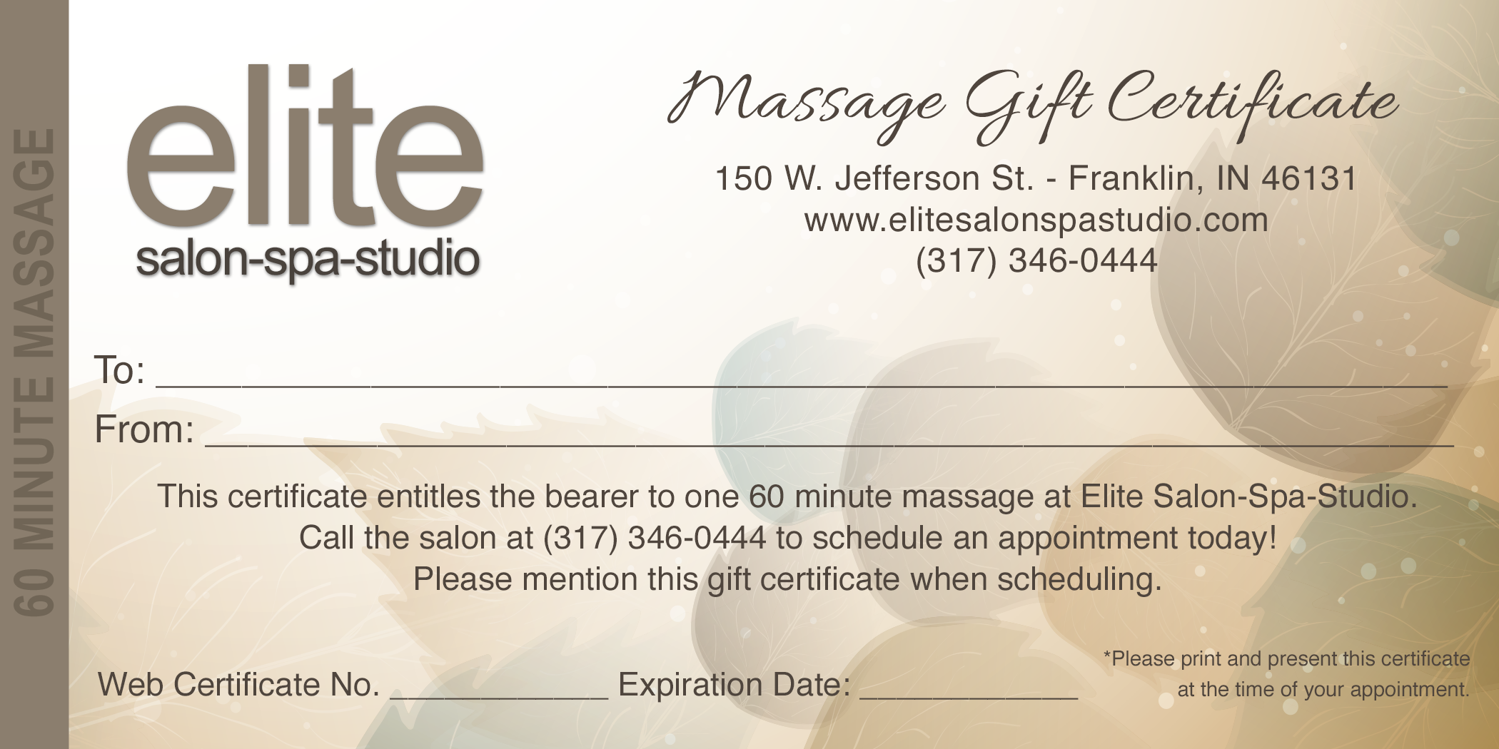 Massage Gift Certificate Elite Salon Spa Studio